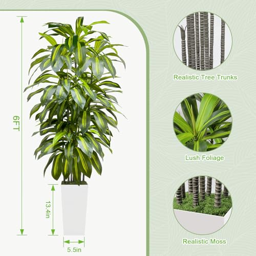 6FT Fake Tall Plant Artificial Dracaena Tree Indoor Faux Plants Indoor Luxury Fake Plants for Living Room Decor Artificial Tree Floor Plant White Planter - color: White, size: 6ft