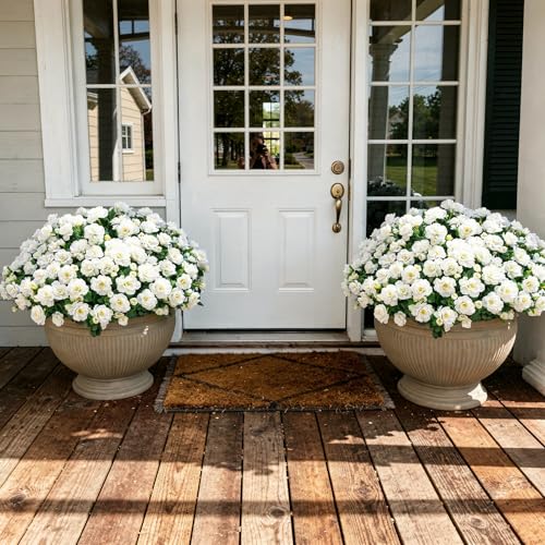 Ivydale Artificial Fake White Flowers Plants for Spring Outdoor Outside, Faux Silk Camellia UV Resistant Realistic for Front Door Porch Patio Balcony Garden Yard Decor, 3 Large Bundles - color: White