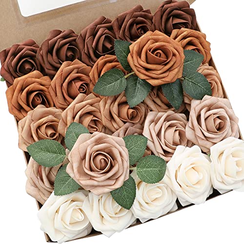 Floroom Artificial Flowers 25pcs Real Looking Earth Tones Ombre Colors Foam Fake Roses with Stems for DIY Wedding Bouquets Bridal Shower Floral Centerpieces Party Tables Home Decorations - color: Shades of Earth Tones