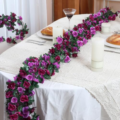 MARTINE MALL Flower Garland Rose Vines, 2 Strands 16.5Ft Flowers Vines for Bedroom, Rose Flower Garland Decoration, Purple Rose Floral Garland for Room Table Birthday Wedding Party Garden Wall Decor - color: Purple, size: 2 Packs