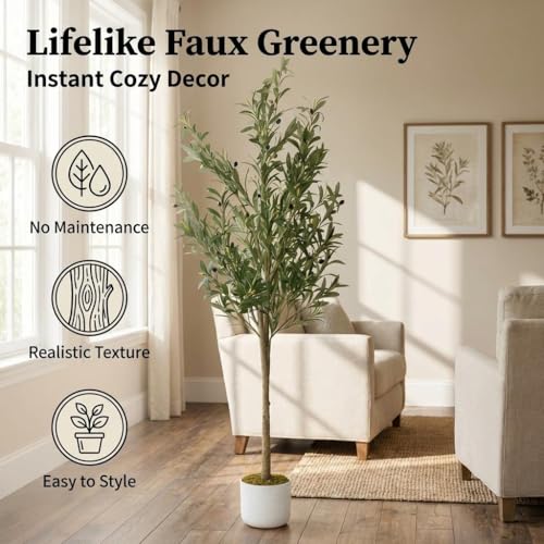 OUTLANE 5.3 FT Artificial Olive Tree with 34 Realistic Fruits, Faux Potted Plant for Indoor and Outdoor, Tall Fake Tree for Living Room, Office, Porch, Patio & Modern Farmhouse Decor - size: 7in
