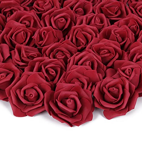 Artificial Rose Flower Heads, INSUNSIX 100pcs Burgundy Fake Roses Artificial Flower Foam Rose Heads for DIY Wedding Bouquets Centerpieces Arrangements Party Baby Shower Home Decor (Stemless, Burgundy) - color: Burgundy, size: 100PCS