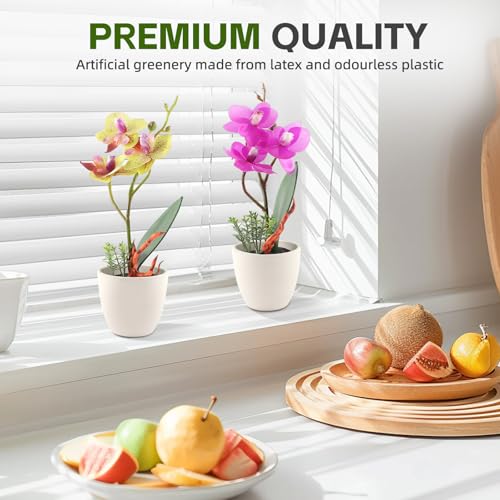4Pcs Artificial Flowers Orchid Fake Phalaenopsis Small Potted Plant Ceramic Vase for Table Centerpiece Home Office Bathroom Wedding Decor - color: 4 Colors