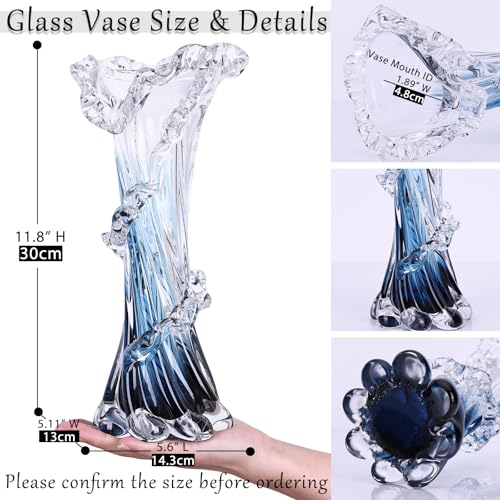Hand Blown Blue Glass Vase, Unique Art Beautiful Ocean Glass Vase for Coastal Home Decor, Coffee Table, Living Room, Office Decor - 11.8" H(Large) - size: Large