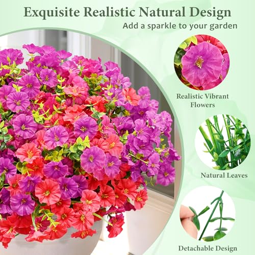 Artificial Flowers for Outdoors, 14 Bundles Fake Outdoor Flowers, UV Resistant Artificial Outdoor Plants & Flowers for Decoration, Colorful Morning Glory for Garden Porch Yard Patio, Fuchsia & Red - color: Fuchsia & Rose Red, size: 14 Bundles
