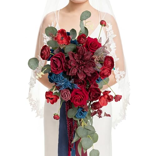 Ling's moment Navy Blue Burgandy Bridal Bouquet Cascading, Jewel Tone Wedding Bouquets for Bride, 15 Inch Bride Bouquets for Wedding Artificial Flowers Bouquets - color: Red-burgundy & Navy Blue, size: Medium 15 Inch