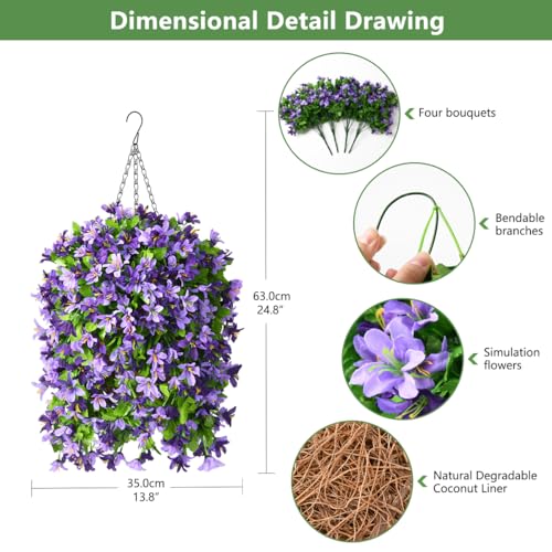 INQCMY Artificial Hanging Flowers in Basket for Outdoor Spring Summer Decoration,4pcs Faux Silk Violet in Planter UV Resistant for Outside Home Patio Garden Porch Deck Decor(Purple Orchid) - color: Purple Orchid