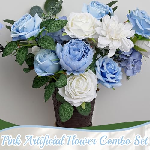 80Pcs Artificial Flowers Combo Set, Fake Silk Flowers Decor with Stems for DIY Roses Wedding Party Centerpieces Bridal Bouquets Cake Decorations Arrangements Indoor Outdoor(Blue) - color: Dusty Blue