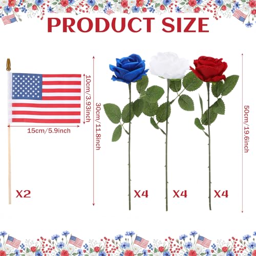 Tigeen 14 Pcs 4th of July Decor Red White Blue Artificial Flower Patriotic Decoration Artificial Rose with 2 Flag 250th Anniversary Table Centerpieces for Memorial Veterans Independence Day Home Decor - style: Roses