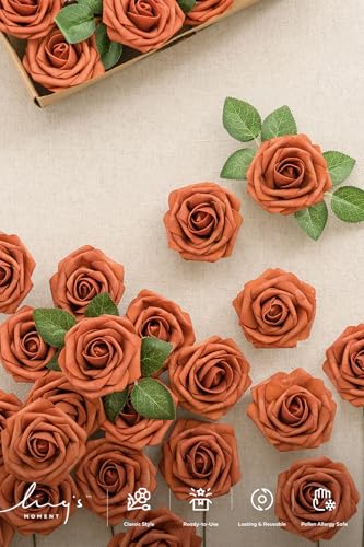Ling's moment Fall Artificial Flowers 25Pcs Burnt Orange Roses Decor w/Stems,3" DIY Foam Floral for Wedding Bouquet/Centerpieces, Outdoors Party Backdrop, Room/Table, and Garden/Pot Decor - color: Or- Burnt Orange, size: 25Pcs