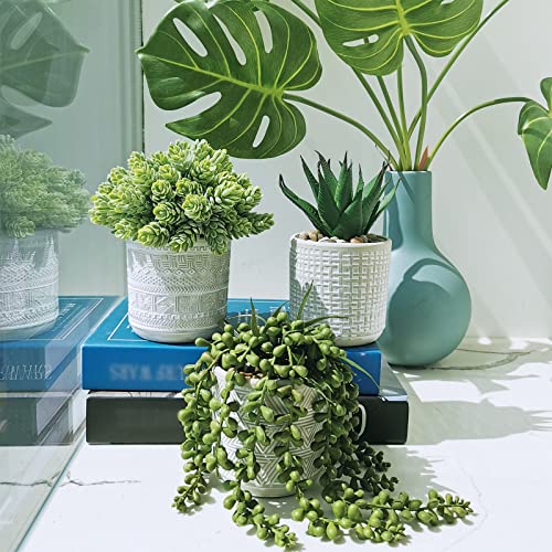 Set of 3 Assorted Small Potted Succulent Plants Fake Aloe String of Pearls Hops Succulents in Gray Geometric Concrete Ceramic Pots for Gifts Modern Home Office Desk Table Indoor Outdoor Greenery Decor