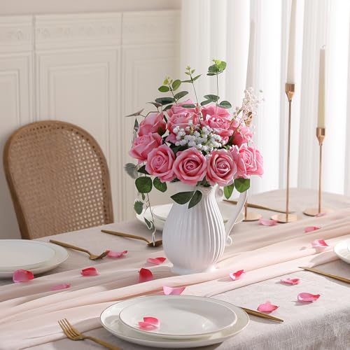 Hawesome 12PCS Artificial Flowers Fake Roses, Realistic Velvet Long Stem Red Roses Bouquet for Wedding Centerpiece Home Decor Party & Valentines (Pink) - color: Pink2