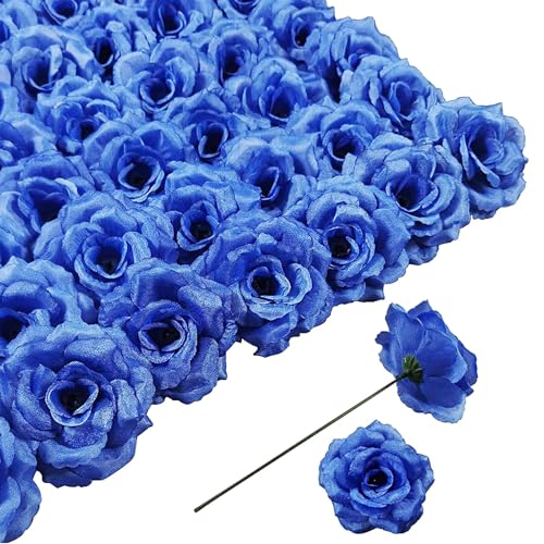 Rose Artificial Flowers, 50Pcs Blue Roses Head Flowers Bulk with Stem, 3 Inches Silk Rose Fake Flower Head for Wedding Party Home Decor DIY Baby Shower Centerpieces Tables Decoration(Dark Blue) - color: Dark Blue