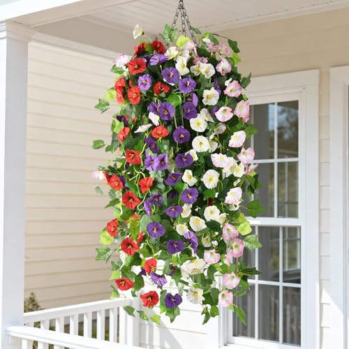 INQCMY Artificial Hanging Flowers Fake Plants for Outdoors Spring Summer Decor, 4 Pcs Silk Morning Glory Faux Flowers UV Resistant, Realistic Flowers Hanging Petunias for Outside Porch Patio Planter - color: Mix