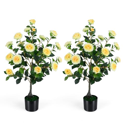 Goplus 35.5’’ Artificial Camellia Tree, Flower Plants Artificial Tree, Faux Floral Plant Blooming Tree in Cement Pot, Greenery Potted Plant for Indoor Outdoor Office Home Porch Decor - color: Yellow, size: 35.5 inch×2