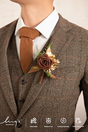 Ling's moment Boutonniere for Men, 6pcs Groom Groomsmen Boutonniere, Artificial Flowers for Wedding Decor/Prom/Homecoming, etc.Walnut Brown - color: Brn-walnut Brown