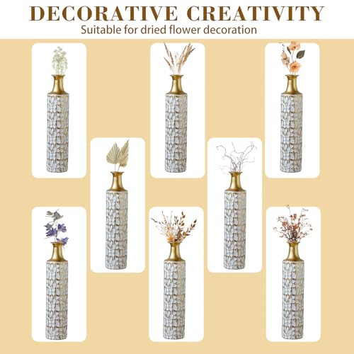 Tall Floor Vases Set of 3 for Decor Living Room Floor, Gold and White Vases Home Decor, Embossed Body Pattern, 32.3" H/28 H/24 H Geometric Cylinder (Gold 1) - color: Gold 1