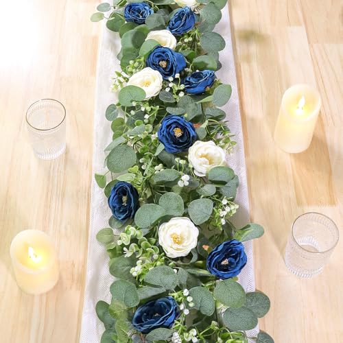 TOCHGREEN 2 Pack 13Ft Artificial Eucalyptus Flower Garland with White and Blue Roses, Fake Rose Flower Greenery Garland Floral Vines for Wedding Home Party Table Runner Decor (Blue White, 2PCS) - color: Blue White, size: 2PCS