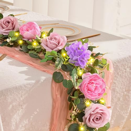 Livole 6 FT Artificial Flower Garland with Lights Pink Fake Roses Peony Floral Garland with Eucalyptus Flower Hanging Vine for Wedding Arch Table Centerpieces Backdrop Party Home Decorations - color: Pink With Light, size: 1 Pc