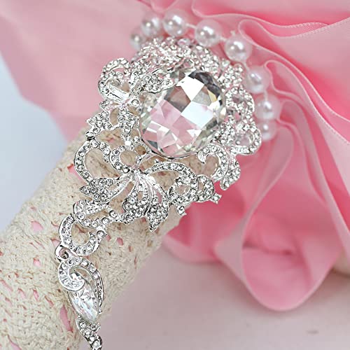 Sharebeauty 7.9 Inch Handmade Satin Rose Bridal Bouquet Toss Round Wedding Bouquet Throw Toss Artificial Flower Bunch Pink + Ivory - color: W3217d15 Pink/Ivory