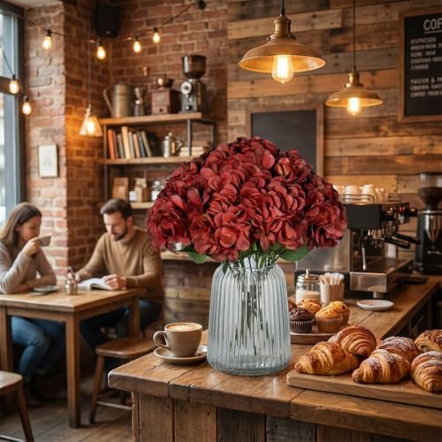 2Bouquets Artificial Fake Flowers Silk Hydrangea Arrangements Wedding Bouquets Decorations Plastic Floral Home Kitchen Garden Party Festival Bar DIY (Red,5 Flower Heads) - color: Red,5 Flower Heads