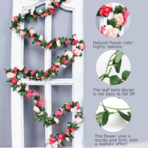 4Pcs Artificial Rose Vines Flowers with Green Leaves Fake Hanging Plants Faux Floral Garland for Home Garden Arch Wall Art Decor,Christmas Anniversary Wedding Birthday Party Decoration (Pink) - color: Pink, size: 4Pcs-small rose