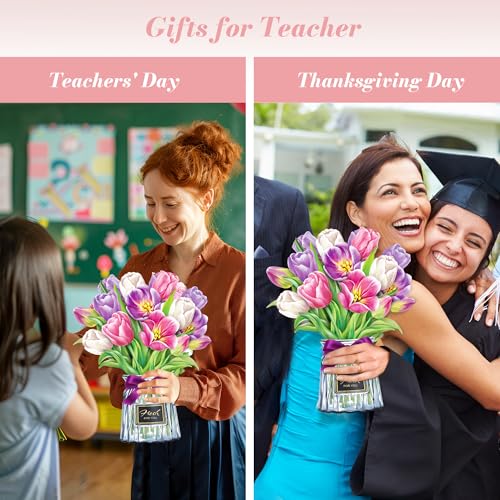 Airpark Pop Up Flower Bouquet Card for Women, 3D Floral Greeting Card with Envelope and Note, Birthday Thank You Thinking of You Get Well Gift for Mom Friend Wife Teacher, Tulip - style: Tulips