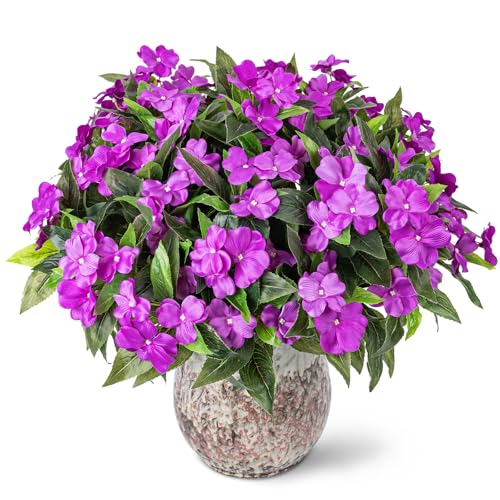 Nigirior Artificial Fake Flowers for Outdoor Décor 6 Bundles UV Resistant Fake Plants for Planter Faux Impatiens for Home Porch/Garden Stunning（Purple） - color: Purple