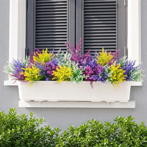 CLEANGOR 8 Pcs Artificial Lavender Flowers for Outdoors (4 Color) | UV Resistant Artificial Outdoor Plants, for Spring Summer Garden, Porch, Patio, Window Box, Home Decoration