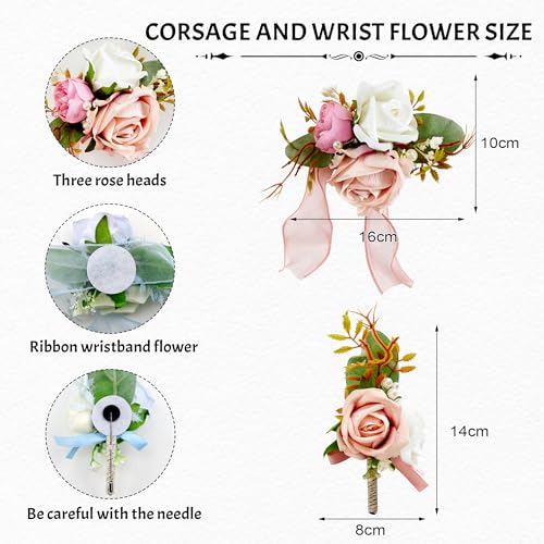 SITUMEIZI 2Pcs Pink Corsage and Boutonniere Set Wrist Corsage Bracelets and Boutonniere for Men Wedding Prom Party Suit Decor - color: Pink