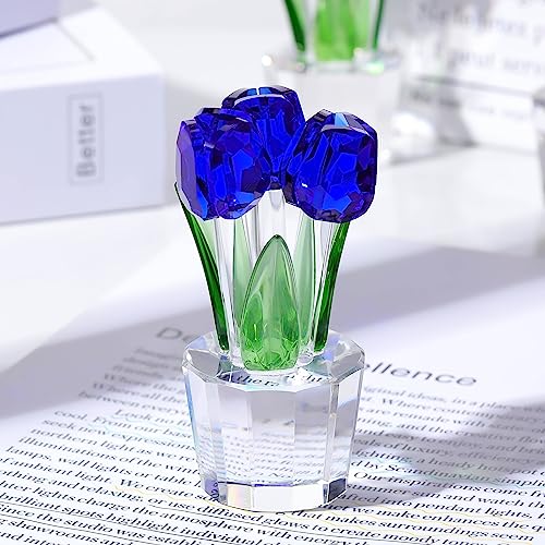 Qianwei Crystal Tulips Flowers Figurine Blue with Vase - Glass Flower Bouquet Collectible Figurines Crystal Office Home Decor Paperweight - Tulip Gifts for Women Mom Bestfriend Wedding Anniversary - color: Blue Tulip