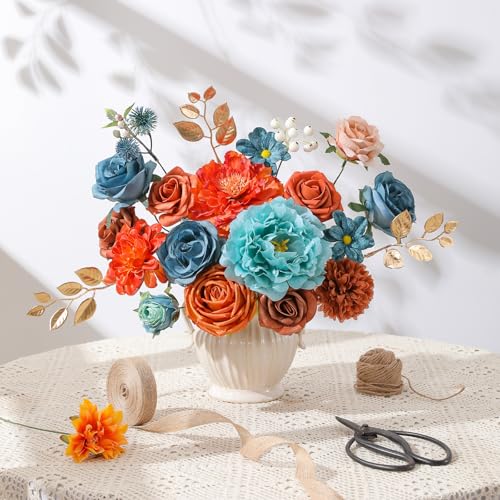 Floweroyal Artificial Flowers Fake Rose Flowers Dahlia with Stems for DIY Wedding Bridal Bouquets, Baby Shower, Floral Arrangement, Table Centerpieces, Home Decorations - color: Orange & Teal