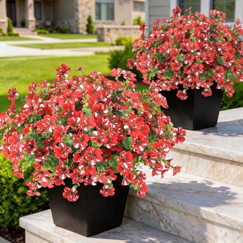 GLIDLION 12 Bundles Artificial Morning Glory & Eucalyptus for Outdoor, Realistic Fake Silk Flower UV Resistant Faux Plant for Front Door Patio Garden Farmhouse Decor (Red) - color: Red