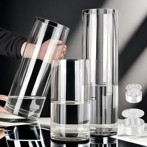 3 Large Acrylic Clear Cylinder Vase Set with 2 Spiral Ikebana Stem Holder Ring, Unbreakable Tall Plastic Hurricane Vases for Wedding Centerpieces Flower Bouquet Decor (3 Vases + 2 Holder) - color: 3 Clear - M