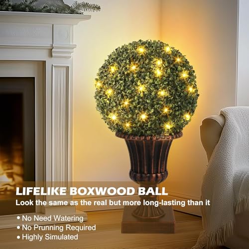 IDEALHOUSE 24 Inch Outdoor Artificial Trees with Lights, 2-Pack Pre-Lit Topiary with Remote & Timer, UV Resistant Faux Plants in Vintage Urn Pot for Porch, Patio, Home Decor, Rusitc Red Base - color: Rusitc Red Base