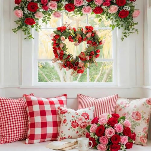 Suncalla 17.7 Inches Heart Rose Wreath Pink Floral Valentine Wreath with Ribbons Artificial Rose Wreaths for Christmas Party Gifts Front Door Valentine's Day Wedding Decoration - style: Roses