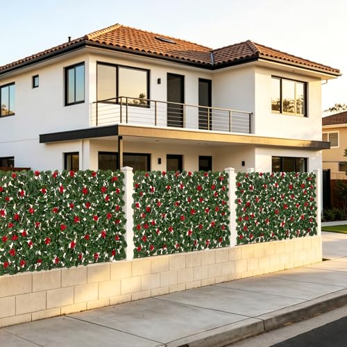 Expandable Fence Privacy Screen with Artificial Flower, Greenery Expandable Stretchable Covers Panel Privacy Fence for Balcony Patio Garden, Single Sided Leaves (Red Geranium, 2 Pack) - color: Red Geranium, size: 2 Pack