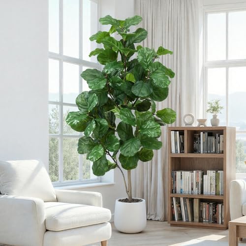 Faux Fiddle Leaf Fig Tree 6ft Tall Indoor Fake Tree in White Pot with 106 Leaves Artificial Ficus Lyrata House Plant for Indoor Home Office Bedroom Living Room Decor Perfect Housewarming Gift - size: 6ft