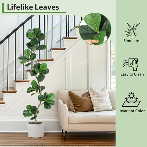 IDEALHOUSE 6ft Lifelike Artificial Fiddle Leaf Fig Tree, Fake Ficus Lyrata Tree with Sturdy Cement Base, Indoor Outdoor Decor for Home Office Living Room, Ideal Housewarming Gift - size: 6ft