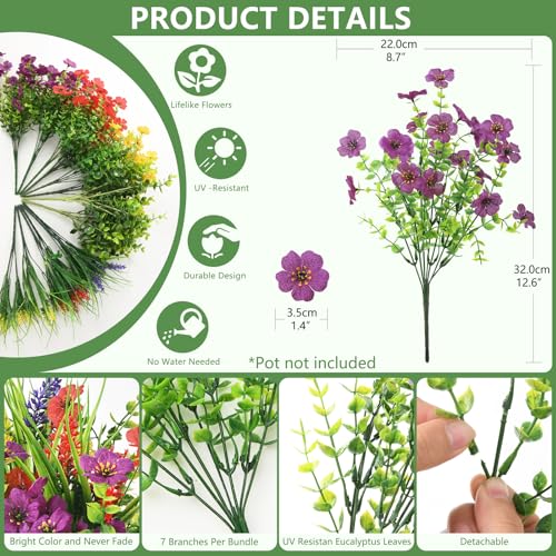 Hommyea Artificial Flowers for Outdoors, 14 Bundles Multicolor Silk Fake Flower for Spring Summer Decoration, UV Resistant No Fade Artificial Outdoor Plants for Home Planter Porch Patio Yard Decor - color: Mixd Color With Lavender Grass