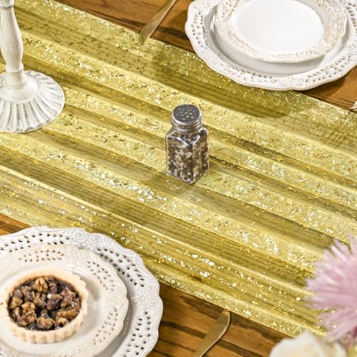Artoid Mode Light Yellow Gold Gauze Table Runner 120 Inch 10FT, Glitter Metallic Foil Sheer Dining Wedding Anniversary Holiday Birthday Table Decor for Home Party - color: Yellow, size: 28" x 120"