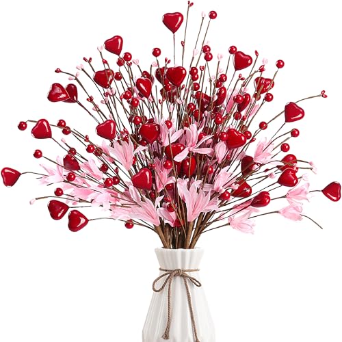 Valentine’s Day Gifts 12 Pcs Heart Shaped Berry Picks Artificial Red Heart Berry Twigs Forsythia Stem Branches with Pink Flowers for Valentine’s Day Anniversary Flower Bouquets Wedding Home Decor - color: Red and Pink