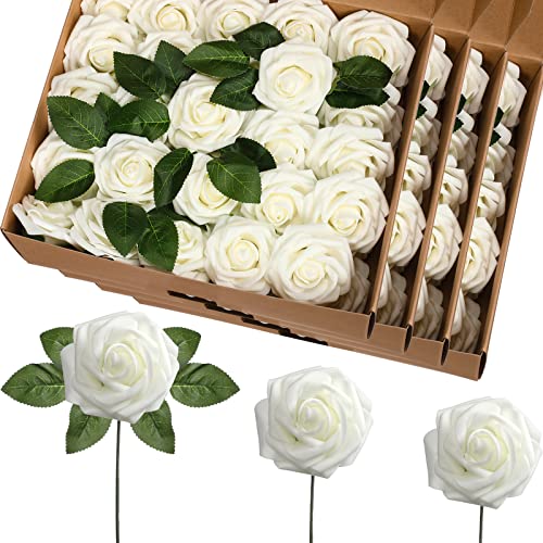 100 Pcs Artificial Foam Rose Flower Faux Bouquet Wedding Fake Rose Gift for Mother's Day Women DIY Bridal Shower Party Table Birthday Home Spring Decor (Ivory) - color: Ivory