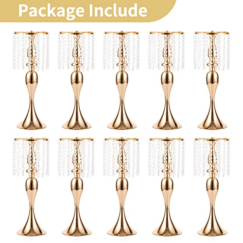 NUPTIO 10 Pcs 21.3 inches Tall Crystal Flower Stand Wedding Road Lead Tall Flower Holders Centerpiece Crystal Flower Chandelier Metal Flower Vase for Reception Tables Wedding Supplies - color: Gold, size: 10 x L