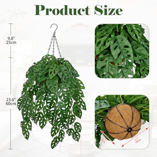 Fake Hanging Plant Monstera Leaves with Basket - 23.6" Artificial Hanging Plants Long Faux Monstera Albo Vines Plants Fake Plant Vines Ivy Greenery Plant for Outdoor Garden Yard Indoor Home Decor - color: Porous Turtle Back Leaves