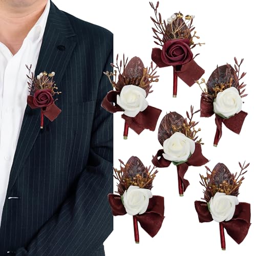 Burgundy & White Boutonniere for Men,Gothic Prom boutonnieres,Groom and Groomsmen Boutonniere for Wedding Ceremony Anniversary, Formal Dinner Party and Grad Night (Set of 6) - color: Burgundy&white, size: set of 6
