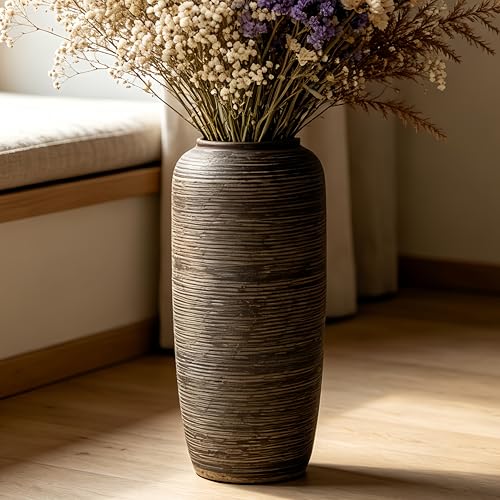 15.7 Inch Rustic Ceramic Large Floor Vase, Ribbed Textured Rustic Farmhouse Vase for Pampas Grass, Living Room & Entryway Décor, Handmade Ceramic Accent - size: 15.7 Inch