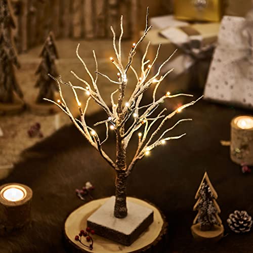 Fudios Lighted Snow Dusted Christmas Tree with Timer Battery Operated 18in Home Decor, Pre lit Artificial Tabletop Snowy Trees with 24 LED for Winter Party - color: Snowy Tree