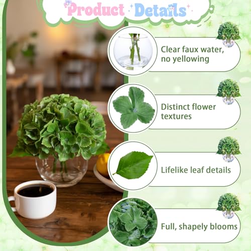 Deep Green Artificial Hydrangea Flowers in Glass Vase with Faux Water, 3 Stems Lifelike Fake Floral Arrangement, UV-Resistant Odorless Centerpieces for Dining Table Home Office Decor (7.9") - color: Deep Green Hydrangea