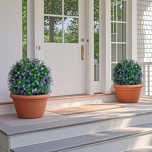 Grooy Artificial Boxwood Topiary Tree with Flower, Set of 2 Artificial Shrub Bushes with Ground Spike, Fake Evergreen Tree for Porch, Artificial Plants for Outdoor Planters Indoor UV Resistant - color: Purple Flower